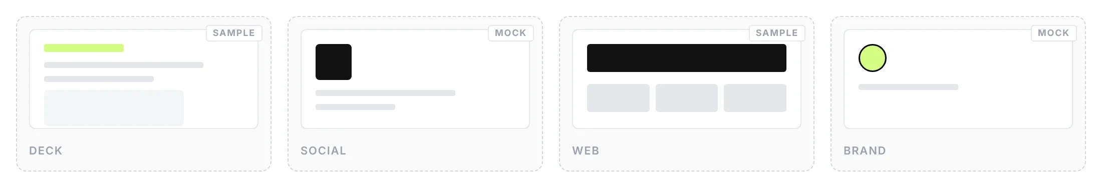 Sample and mock work across deck, social, web, and brand.